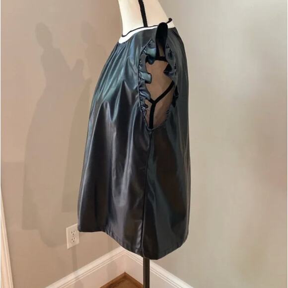 THML Small Black Faux Leather Short Flutter Sleeve Flowy Blouse Knit Neck - Picture 6 of 11